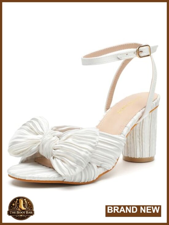 Shoes - Women's Bow Knot Heeled Sandals Ankle Strap Chunky Heels Wedding Bridal Dress